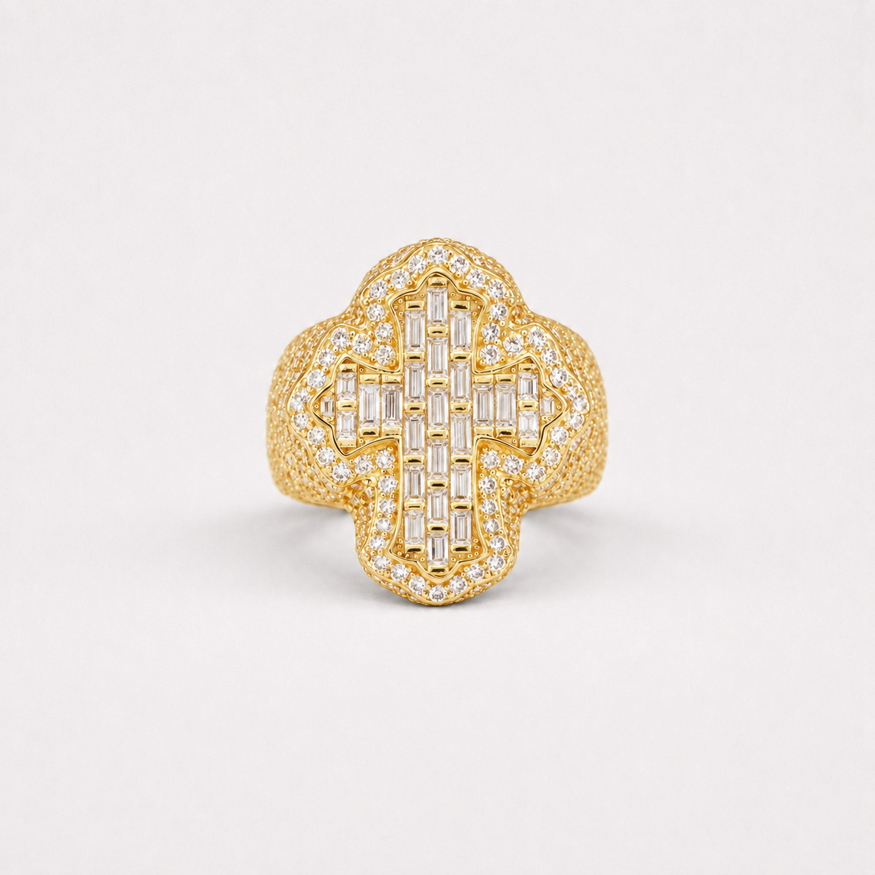 Fleur Cross Iced Out Men’s Ring in 14K Gold Finish