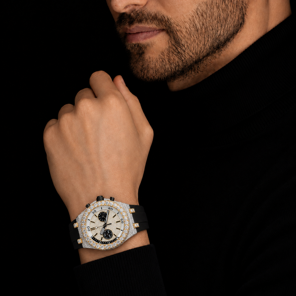 Men’s Iced Out Chronograph Watch VVS Moissanite Bust Down Rubber Strap