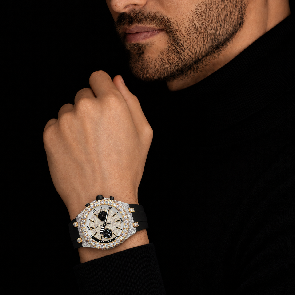 Men’s Iced Out Chronograph Watch VVS Moissanite Bust Down Rubber Strap