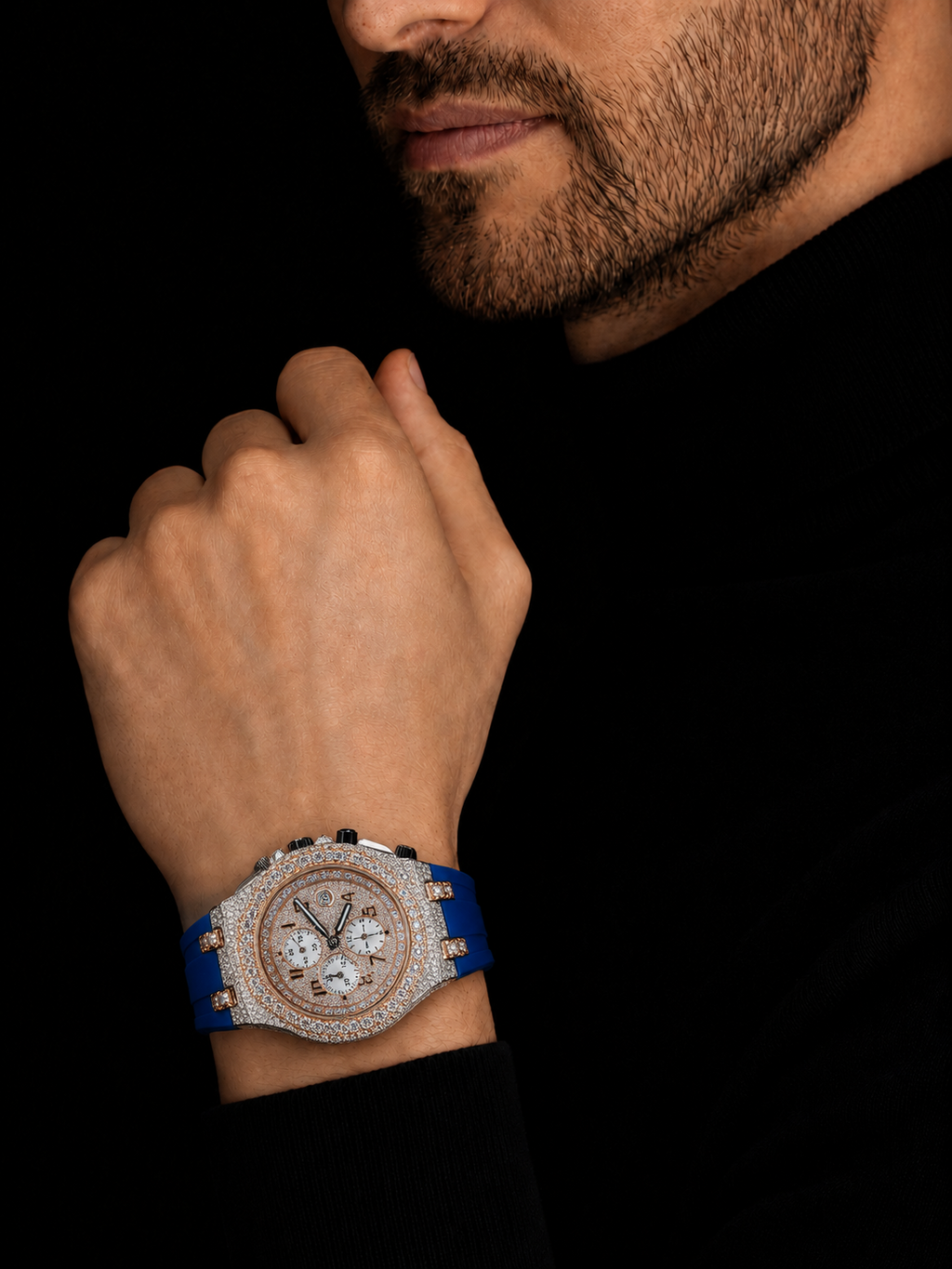 Blue Strap Iced Out Chronograph Watch for Men VVS Moissanite Rose Gold Tone