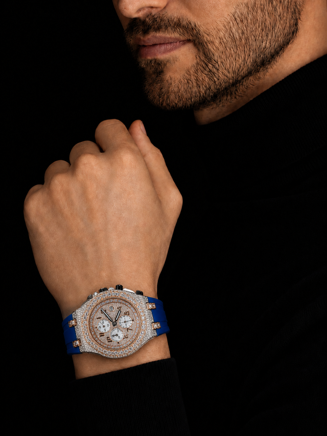 Blue Strap Iced Out Chronograph Watch for Men VVS Moissanite Rose Gold Tone