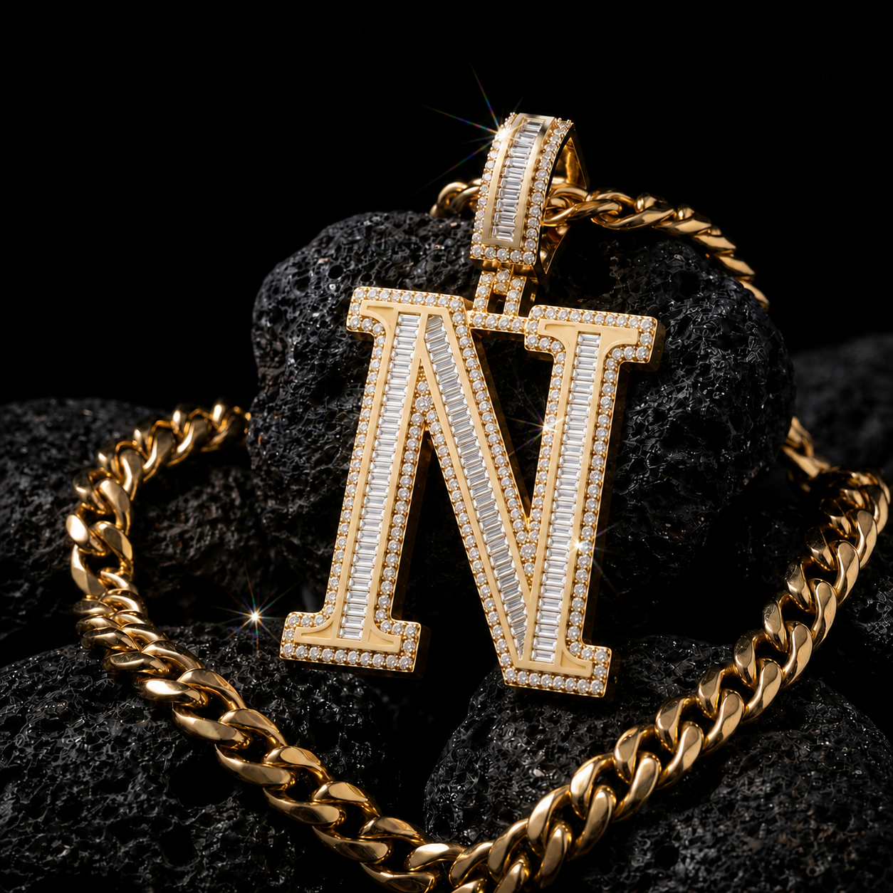 N Initial Pendant Iced Out Hip Hop Men
