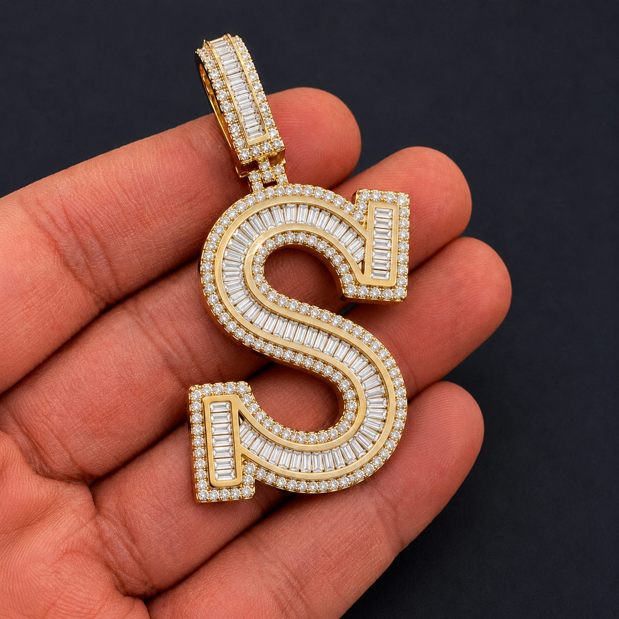 Iced Out “S” Letter Pendant Gold Finish with Baguette & Round Cut Stones