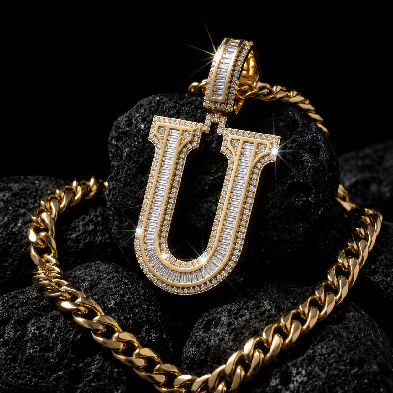Iced Out “U” Letter Pendant Gold Finish with Baguette & Round Cut Stones