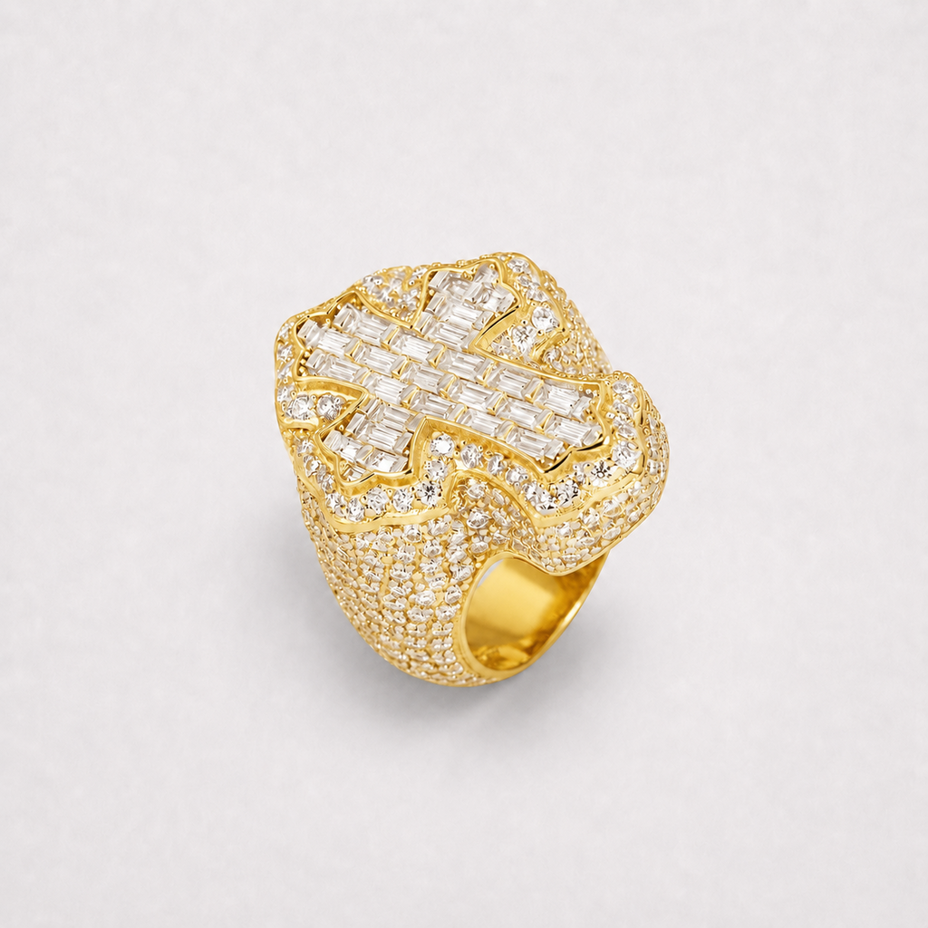 Fleur Cross Iced Out Men’s Ring in 14K Gold Finish