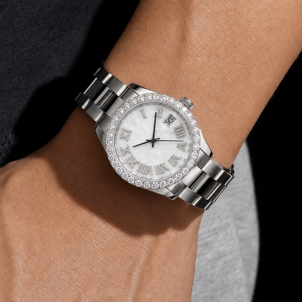 Silver Roman Dial Watch for Men with Diamond Style Moissanite Bezel