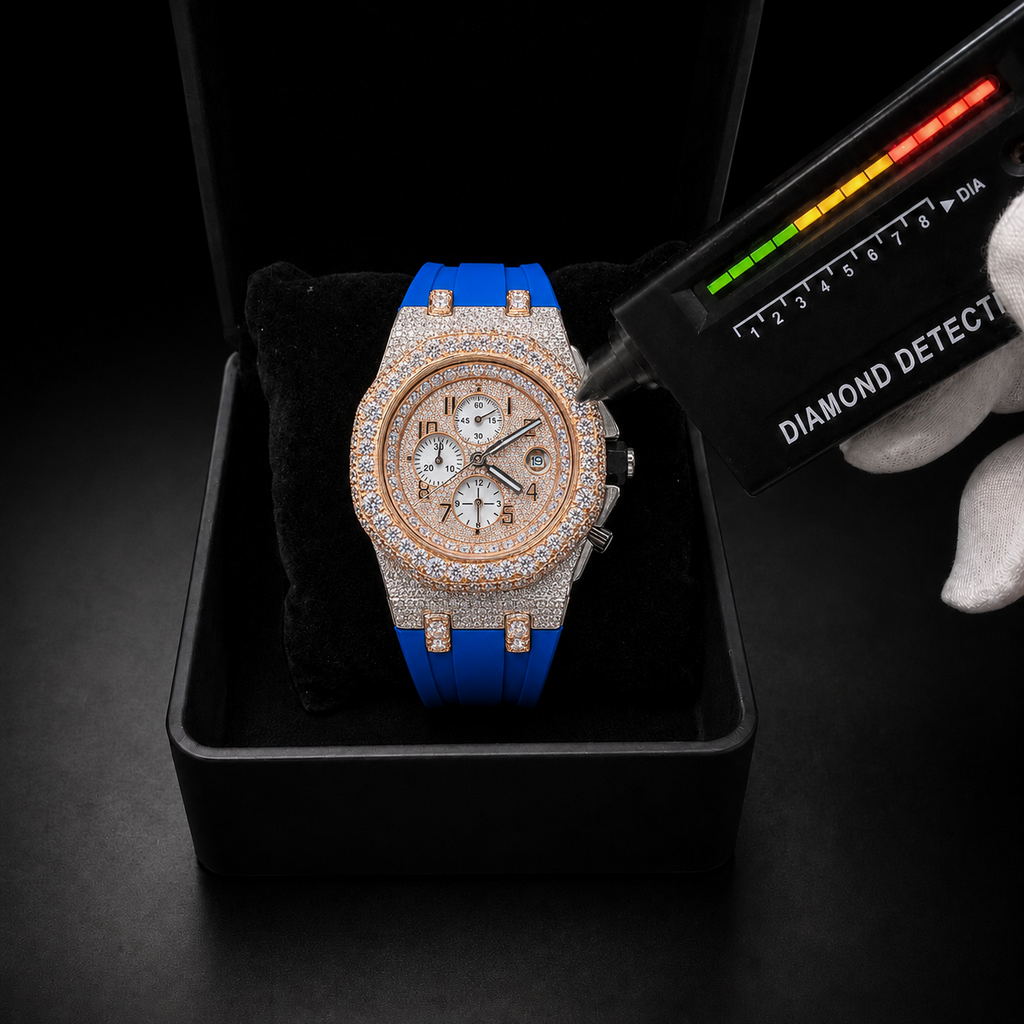 Blue Strap Iced Out Chronograph Watch for Men VVS Moissanite Rose Gold Tone