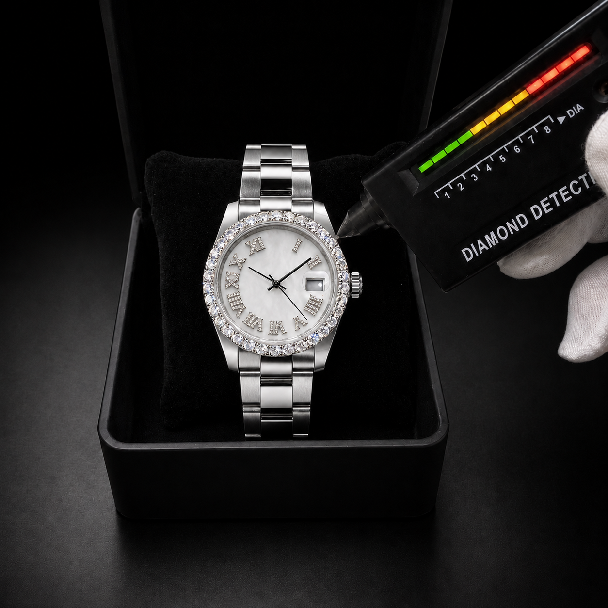 Silver Roman Dial Watch for Men with Diamond Style Moissanite Bezel