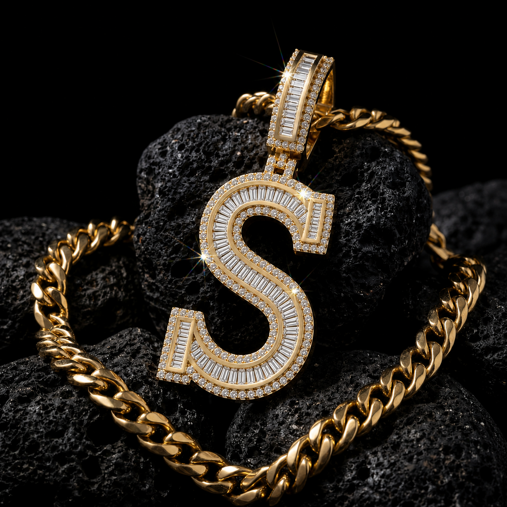 Iced Out “S” Letter Pendant Gold Finish with Baguette & Round Cut Stones