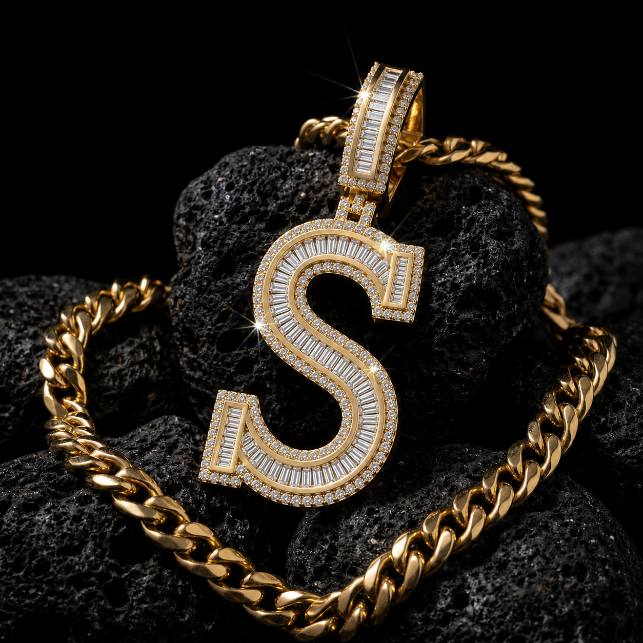 Iced Out “S” Letter Pendant Gold Finish with Baguette & Round Cut Stones
