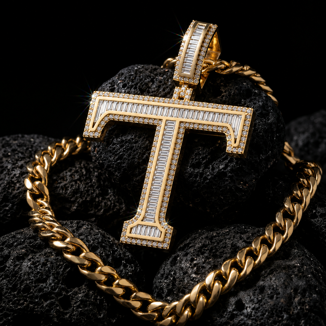 Iced Out “T” Letter Pendant Gold Finish with Baguette & Round Cut Stones
