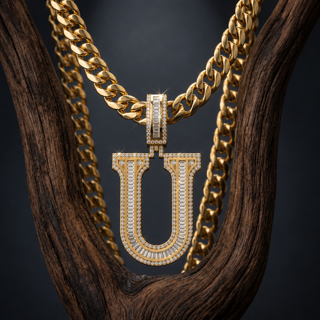 Iced Out “U” Letter Pendant Gold Finish with Baguette & Round Cut Stones