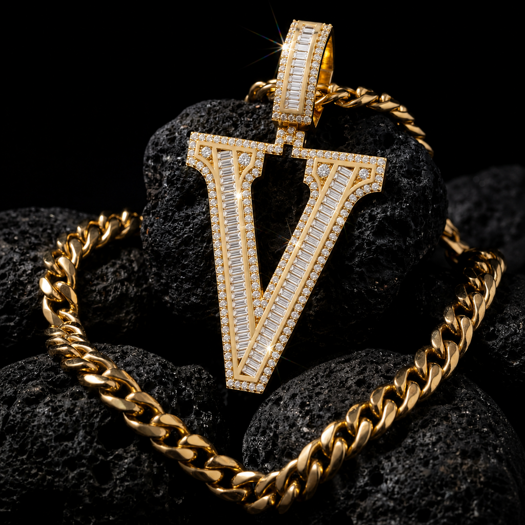 Iced Out “V” Letter Pendant Gold Finish with Baguette & Round Cut Stones