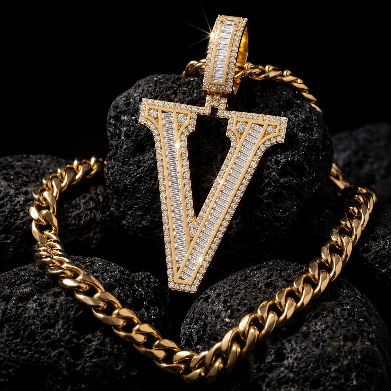 Iced Out “V” Letter Pendant Gold Finish with Baguette & Round Cut Stones