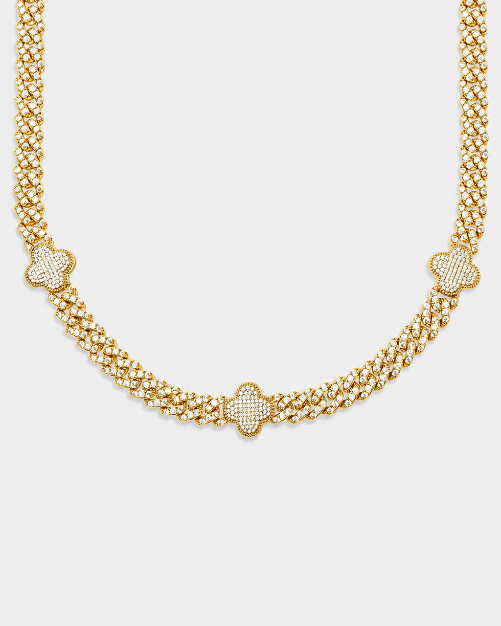 VVS Moissanite Clover Cuban Link Chain – White Gold Finish Iced Out Necklace
