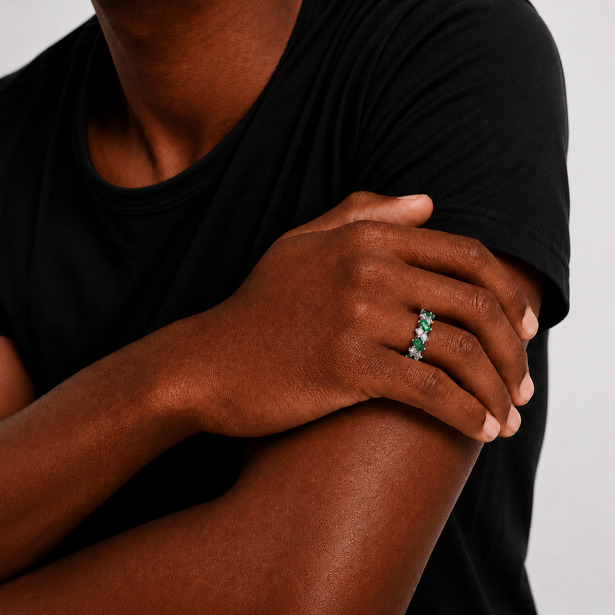 Emerald Green Baguette & Round Iced Band Rin