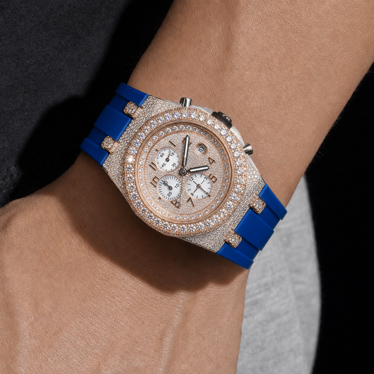Blue Strap Iced Out Chronograph Watch for Men VVS Moissanite Rose Gold Tone