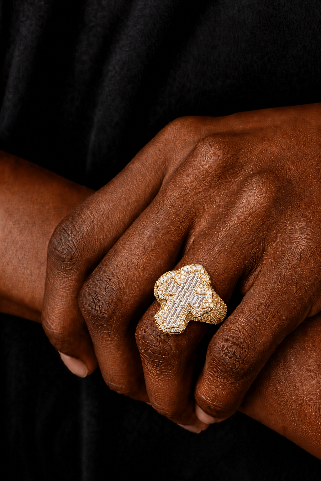 Fleur Cross Iced Out Men’s Ring in 14K Gold Finish