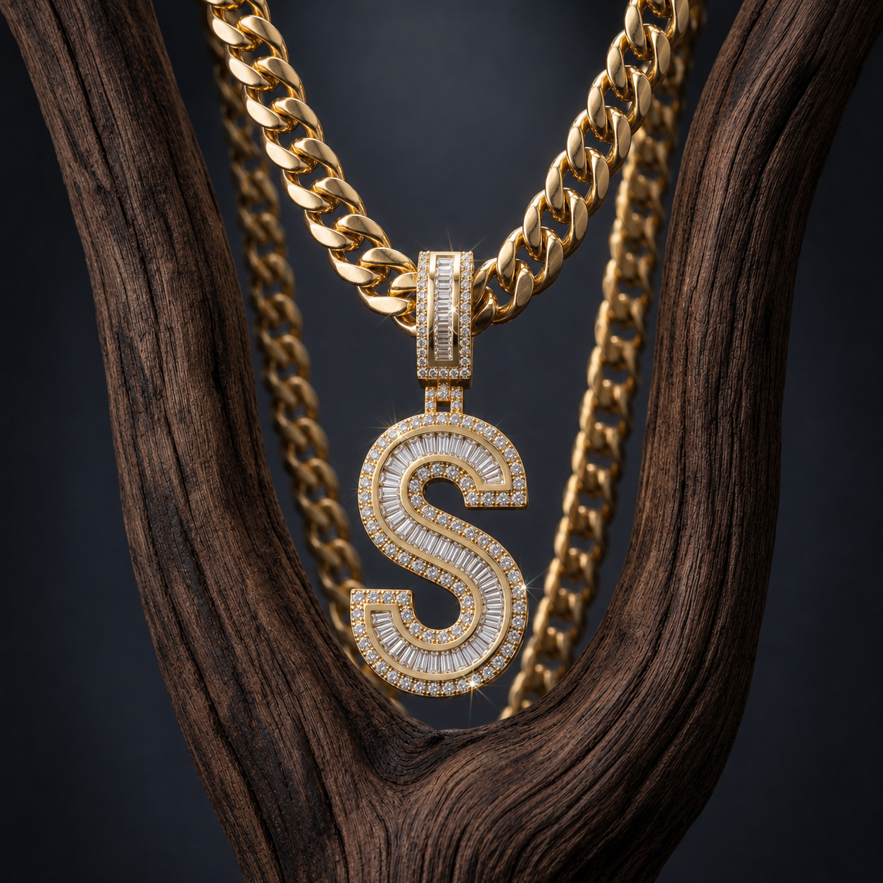 Iced Out “S” Letter Pendant Gold Finish with Baguette & Round Cut Stones