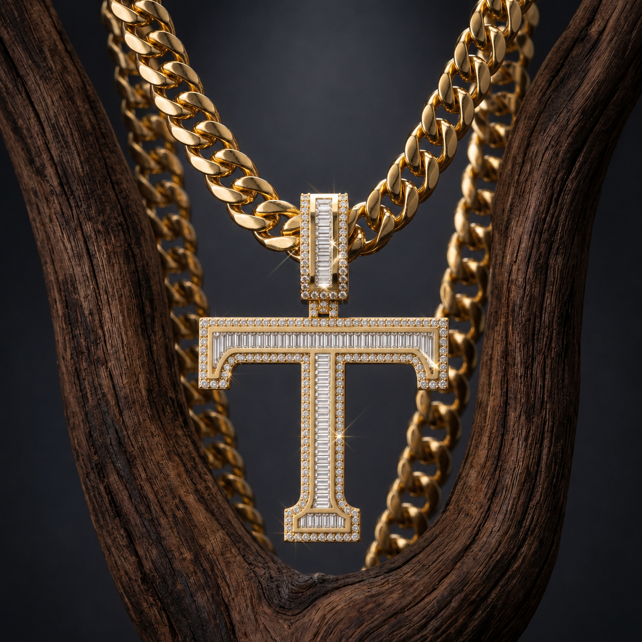 Iced Out “T” Letter Pendant Gold Finish with Baguette & Round Cut Stones