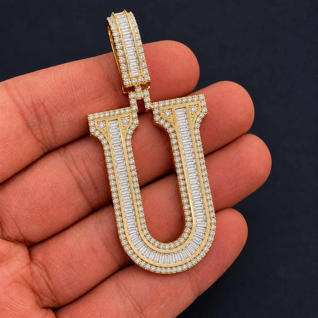 Iced Out “U” Letter Pendant Gold Finish with Baguette & Round Cut Stones