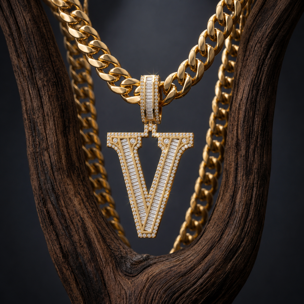 Iced Out “V” Letter Pendant Gold Finish with Baguette & Round Cut Stones