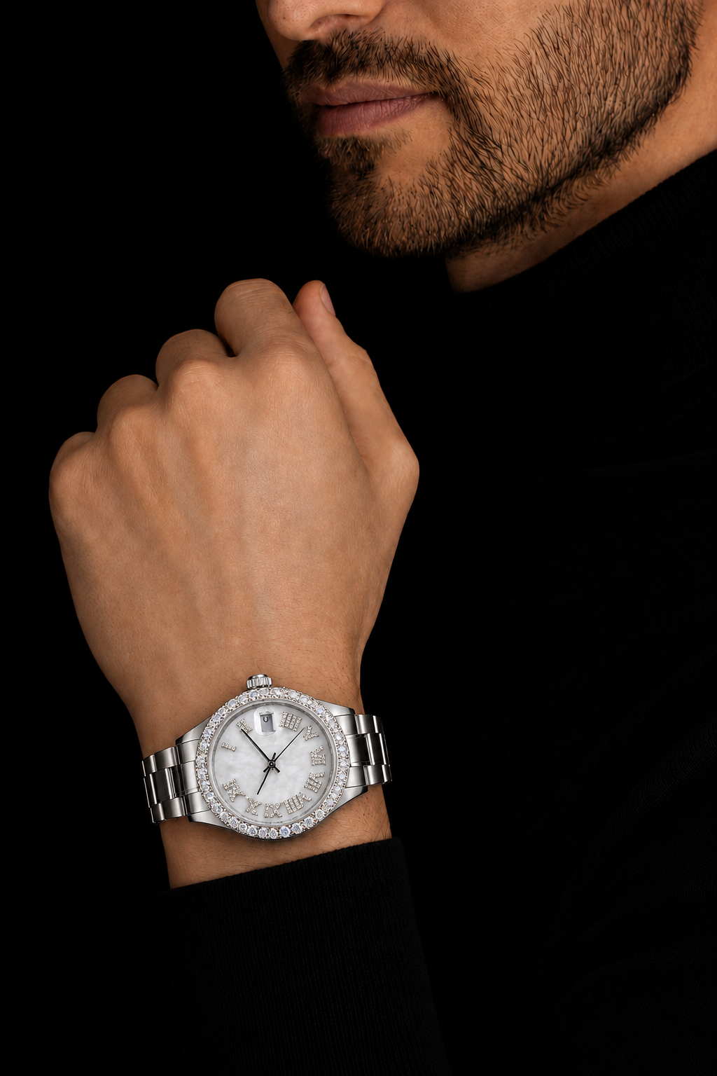 Silver Roman Dial Watch for Men with Diamond Style Moissanite Bezel
