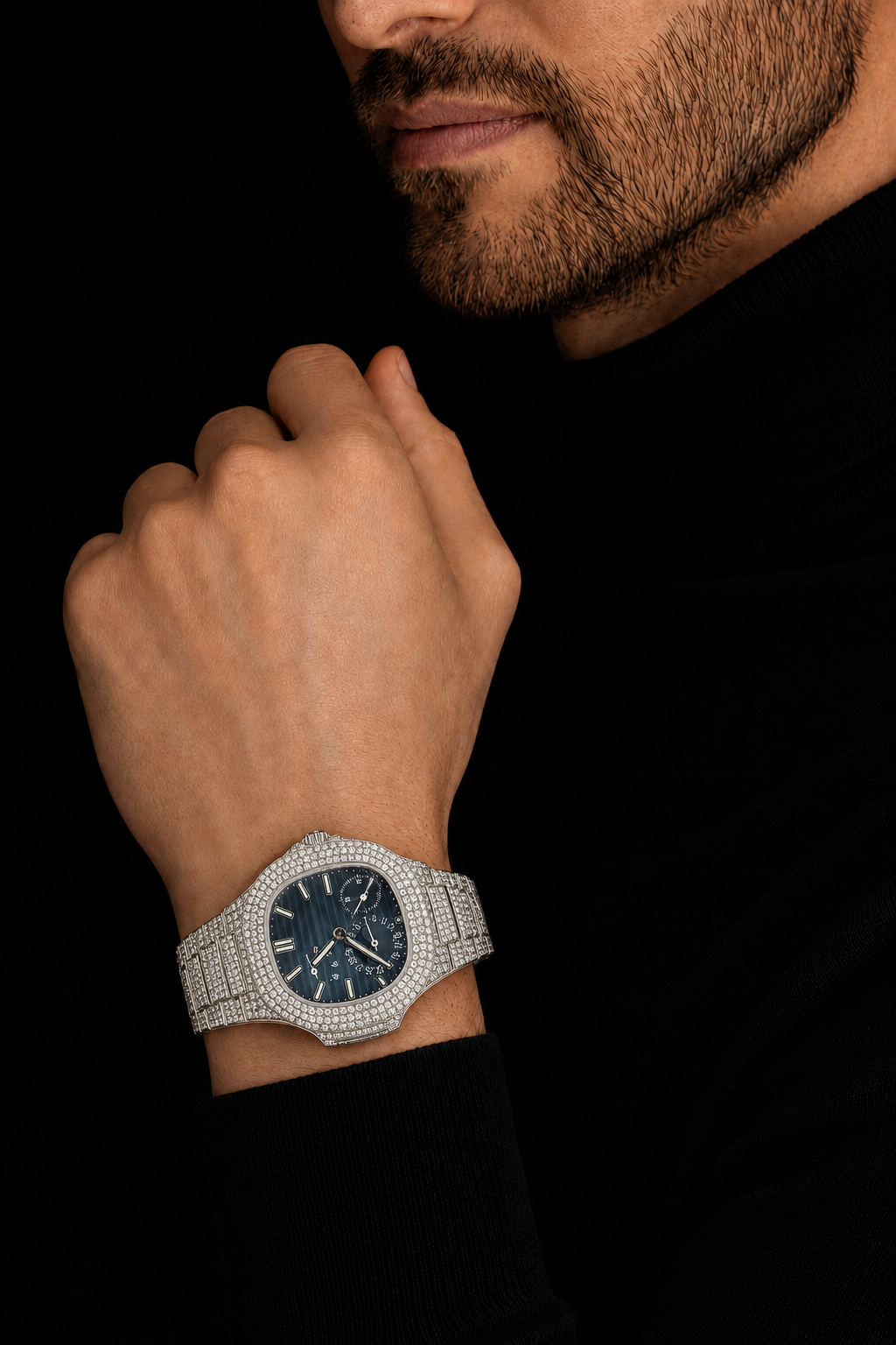 Iced Out Multi-Function Watch 36mm VVS Moissanite With Dark Blue Face