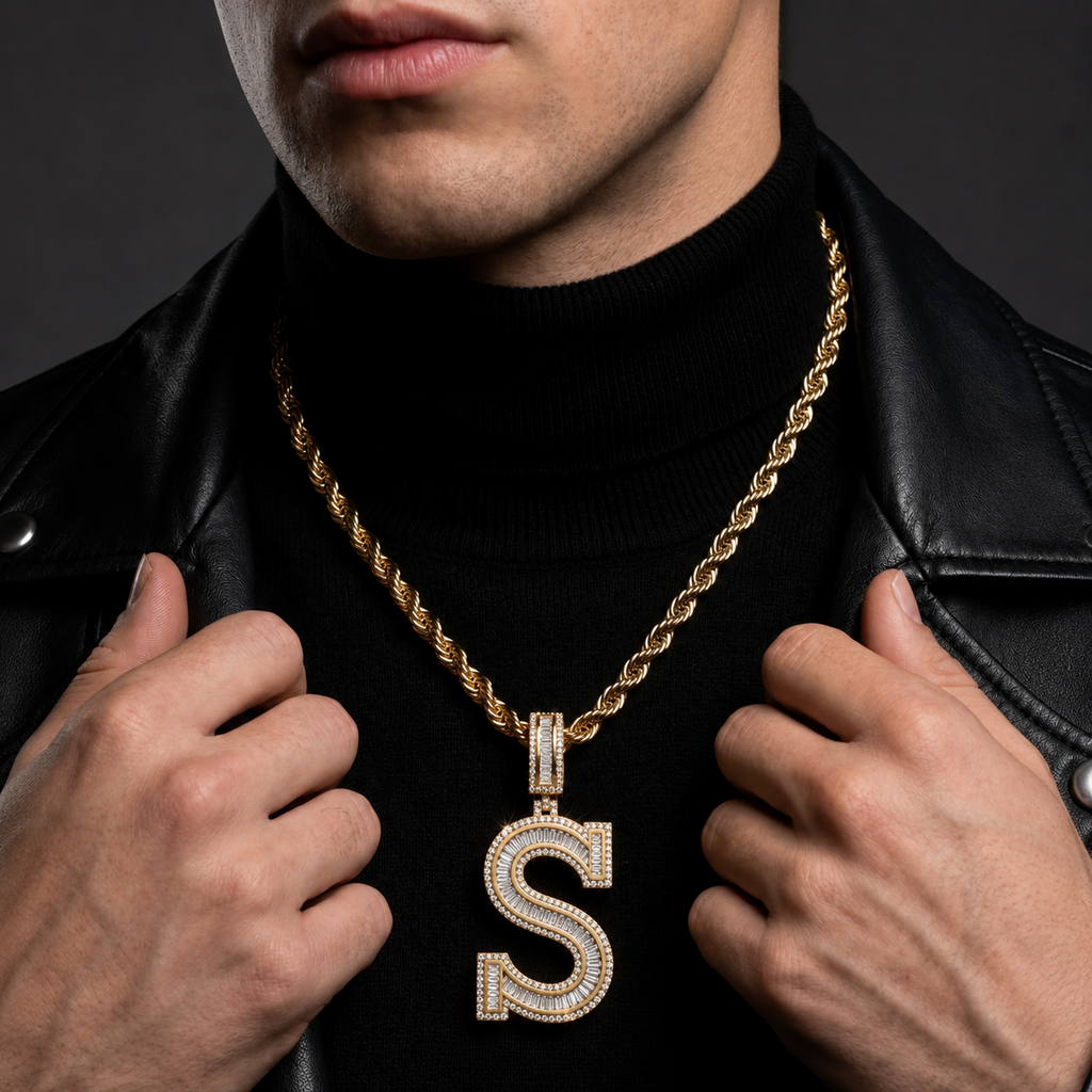 Iced Out “S” Letter Pendant Gold Finish with Baguette & Round Cut Stones