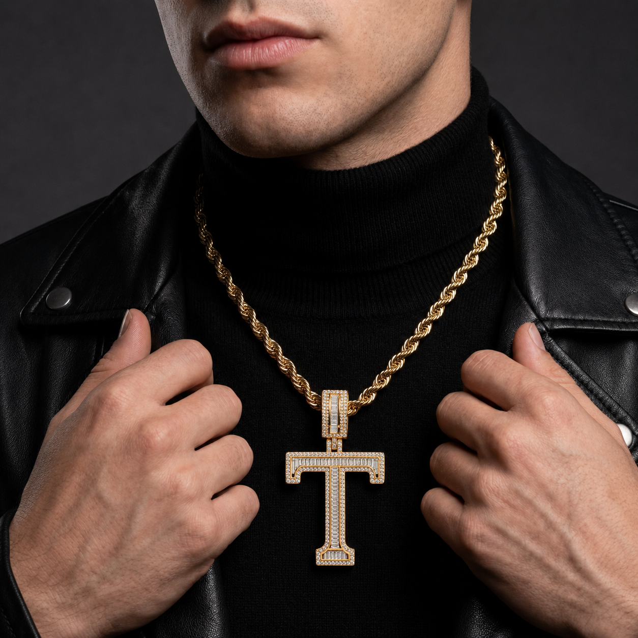 Iced Out “T” Letter Pendant Gold Finish with Baguette & Round Cut Stones