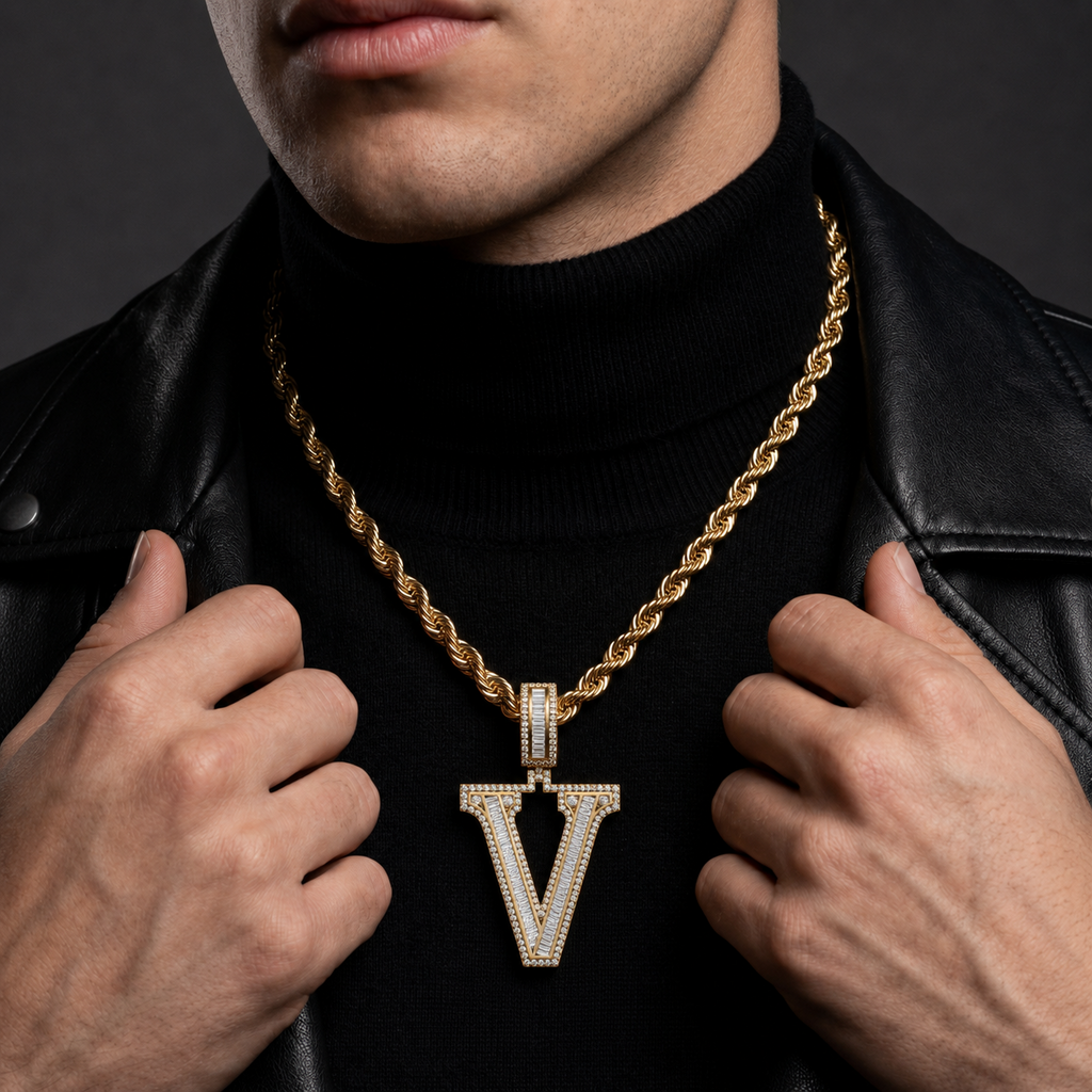 Iced Out “V” Letter Pendant Gold Finish with Baguette & Round Cut Stones