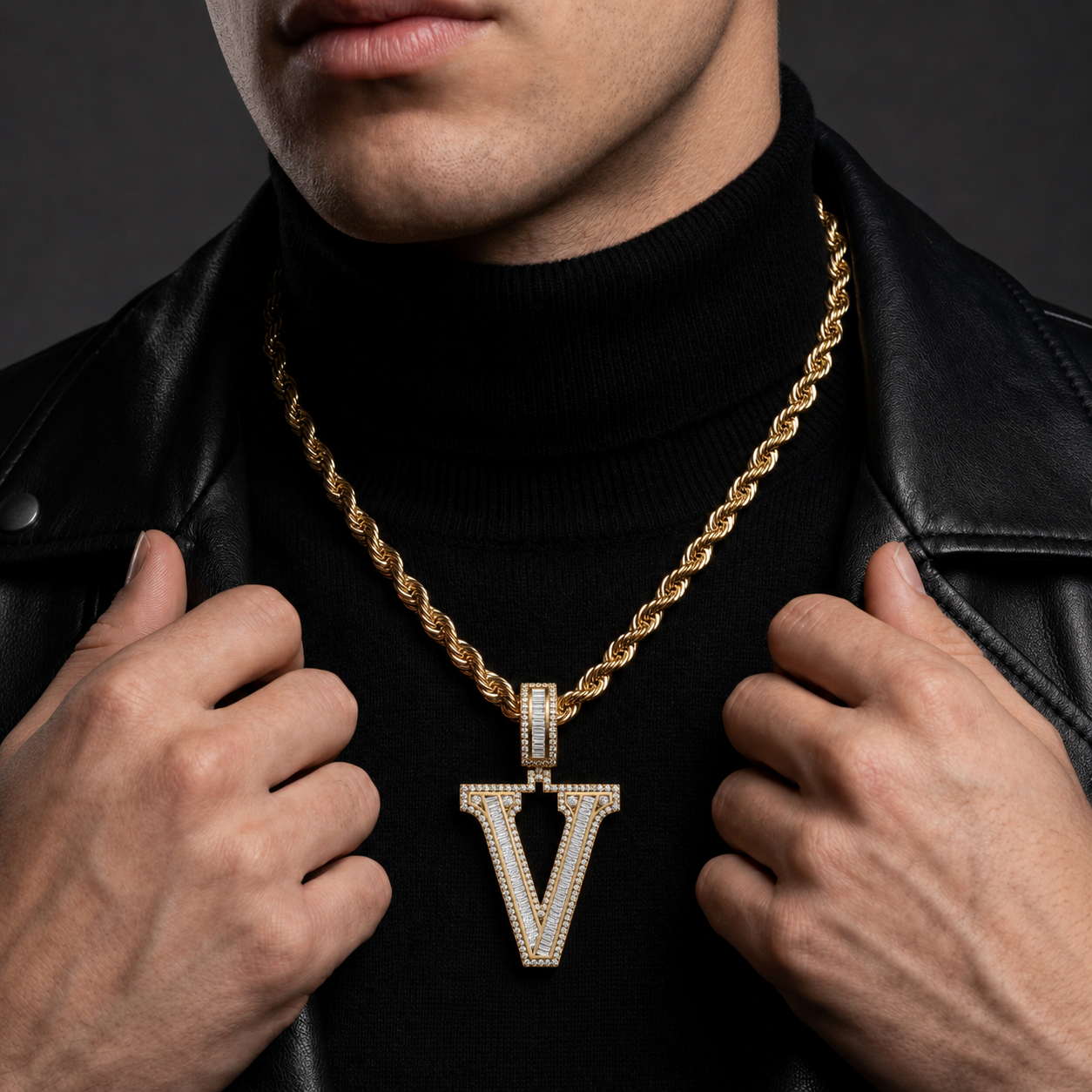 Iced Out “V” Letter Pendant Gold Finish with Baguette & Round Cut Stones
