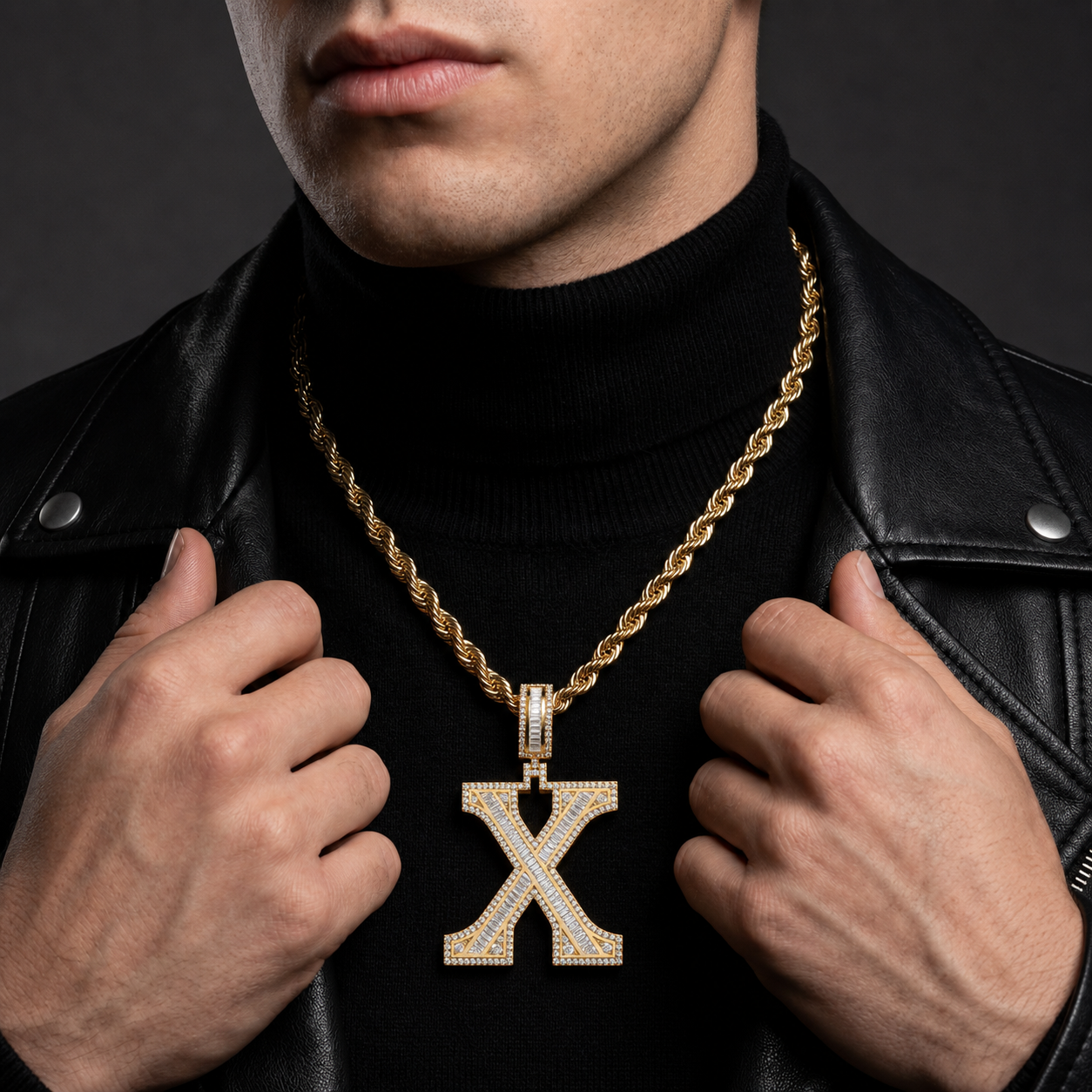 Iced Out “X” Letter Pendant Gold Finish with Baguette & Round Cut Stones
