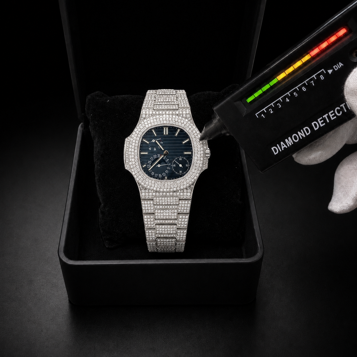 Iced Out Multi-Function Watch 36mm VVS Moissanite With Dark Blue Face