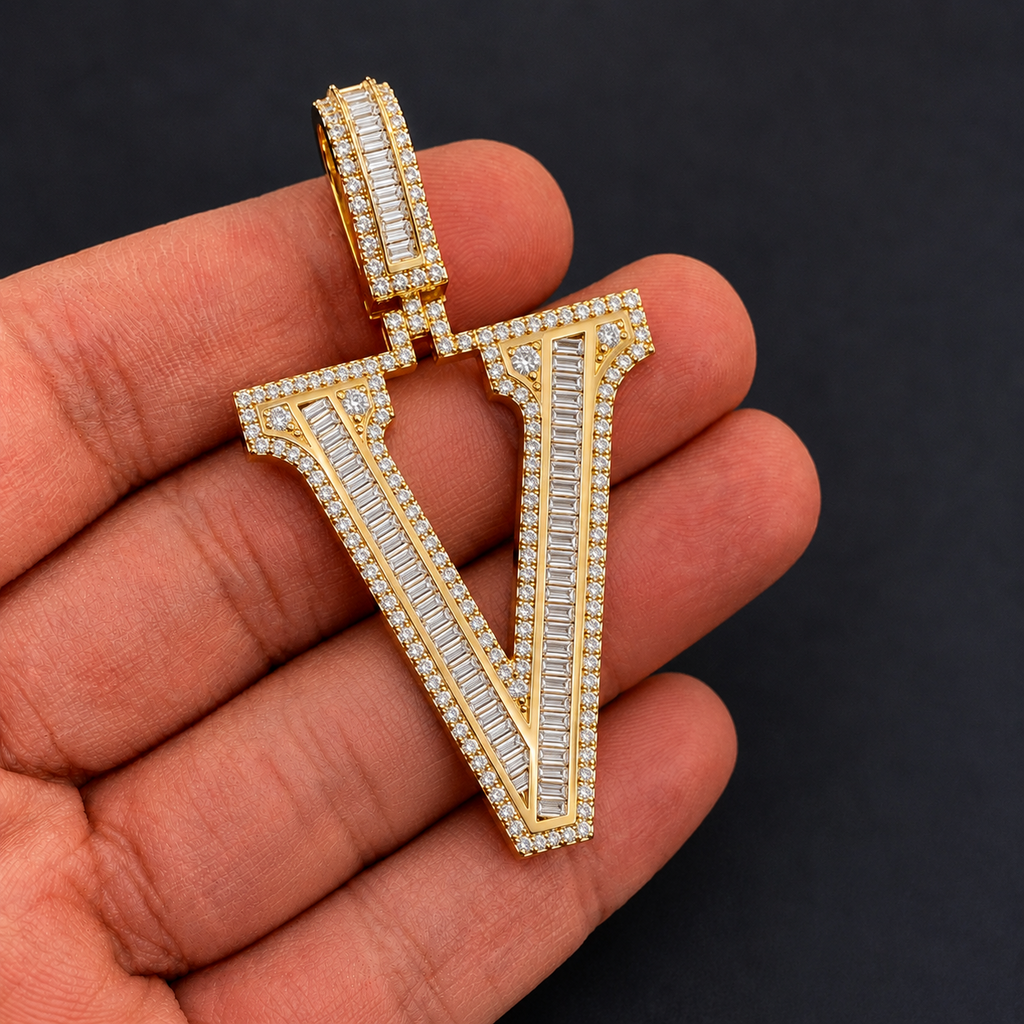 Iced Out “V” Letter Pendant Gold Finish with Baguette & Round Cut Stones
