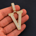 Iced Out “V” Letter Pendant Gold Finish with Baguette & Round Cut Stones