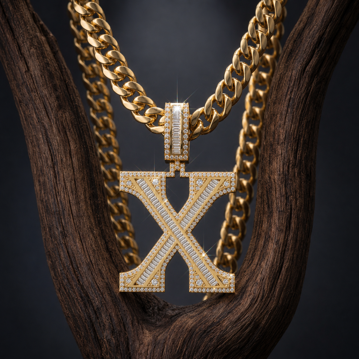 Iced Out “X” Letter Pendant Gold Finish with Baguette & Round Cut Stones