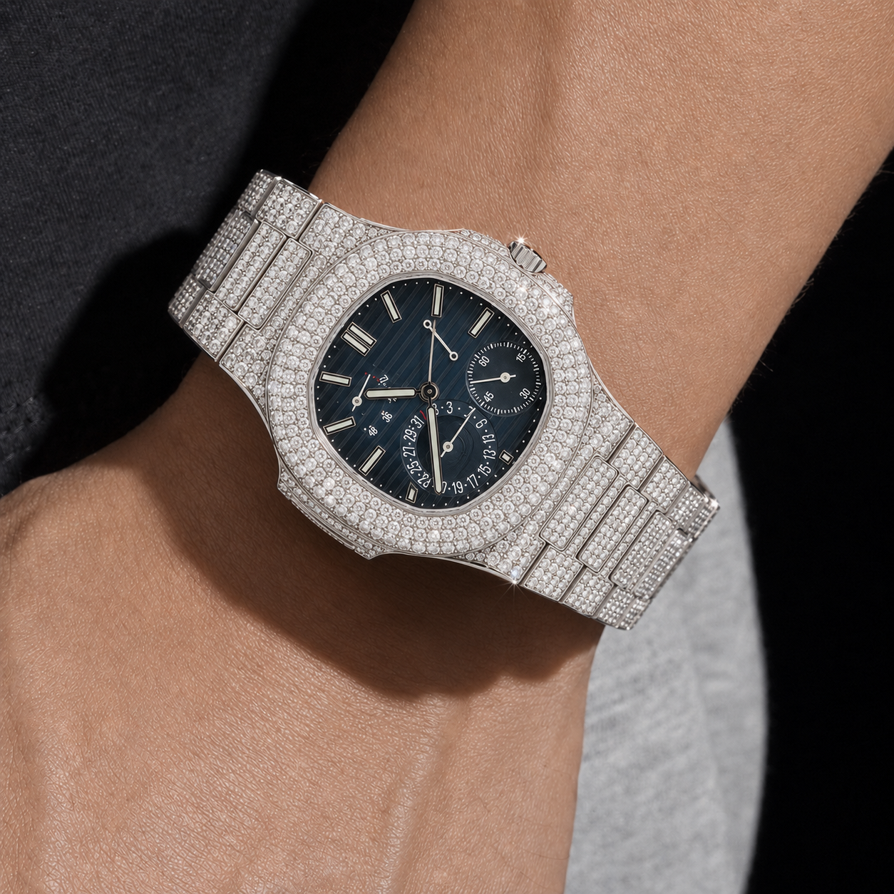 Iced Out Multi-Function Watch 36mm VVS Moissanite With Dark Blue Face