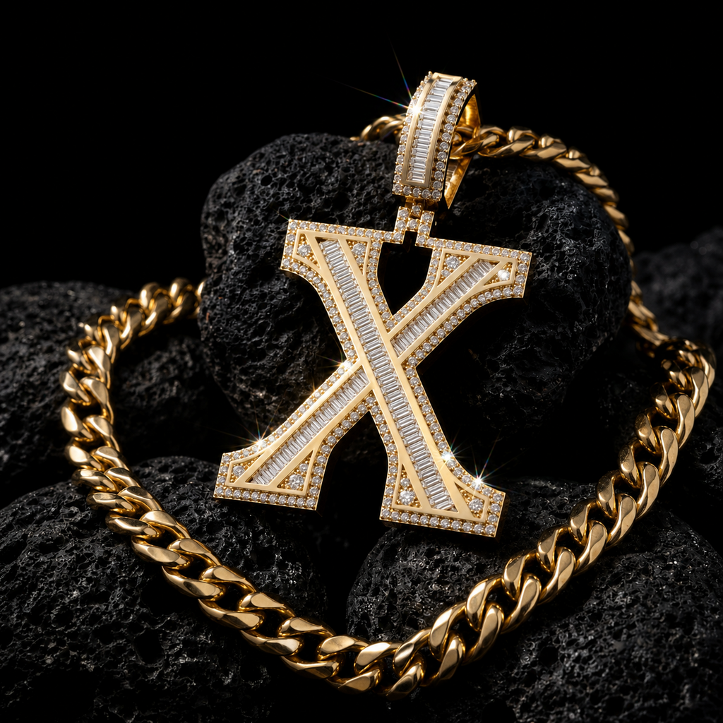 Iced Out “X” Letter Pendant Gold Finish with Baguette & Round Cut Stones