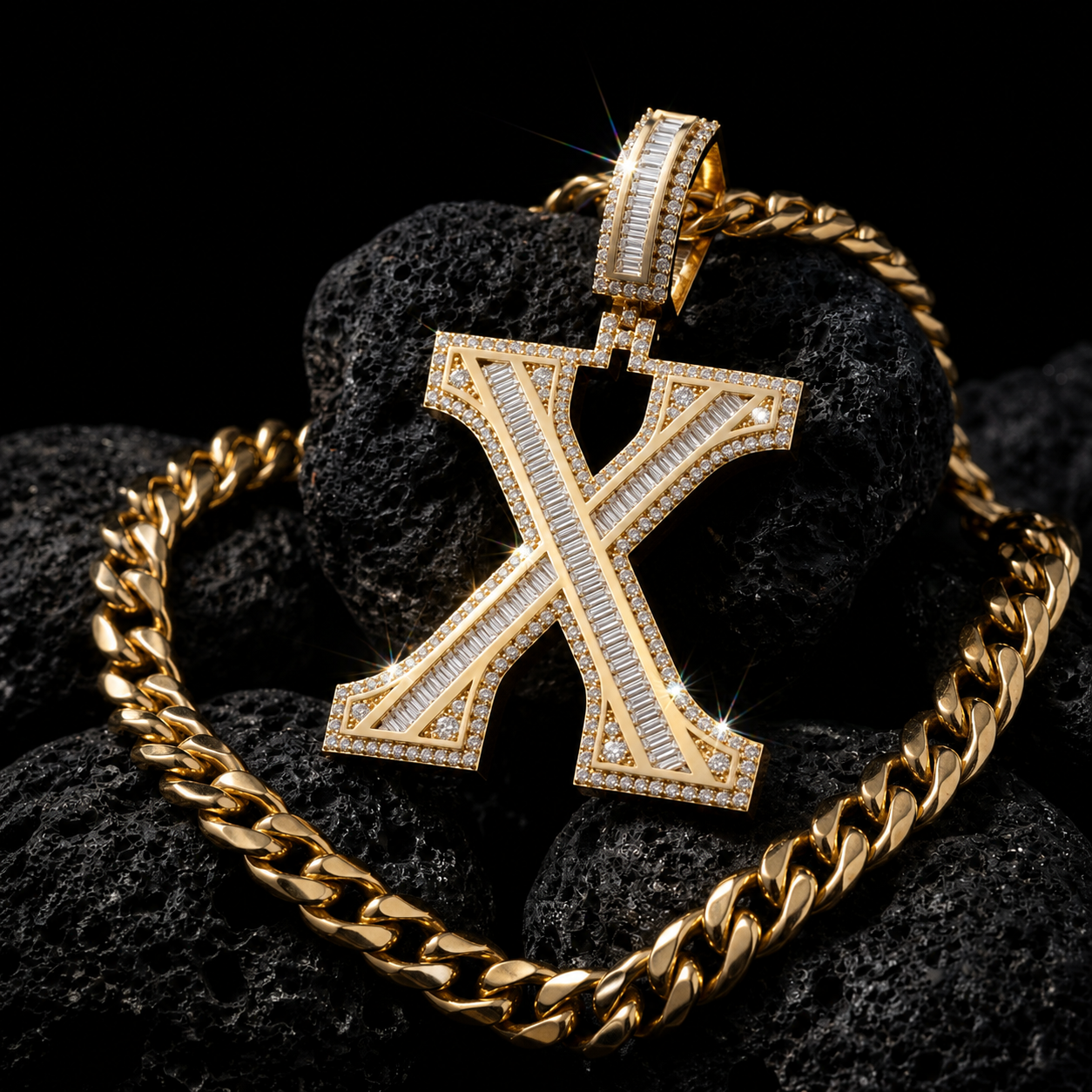 Iced Out “X” Letter Pendant Gold Finish with Baguette & Round Cut Stones