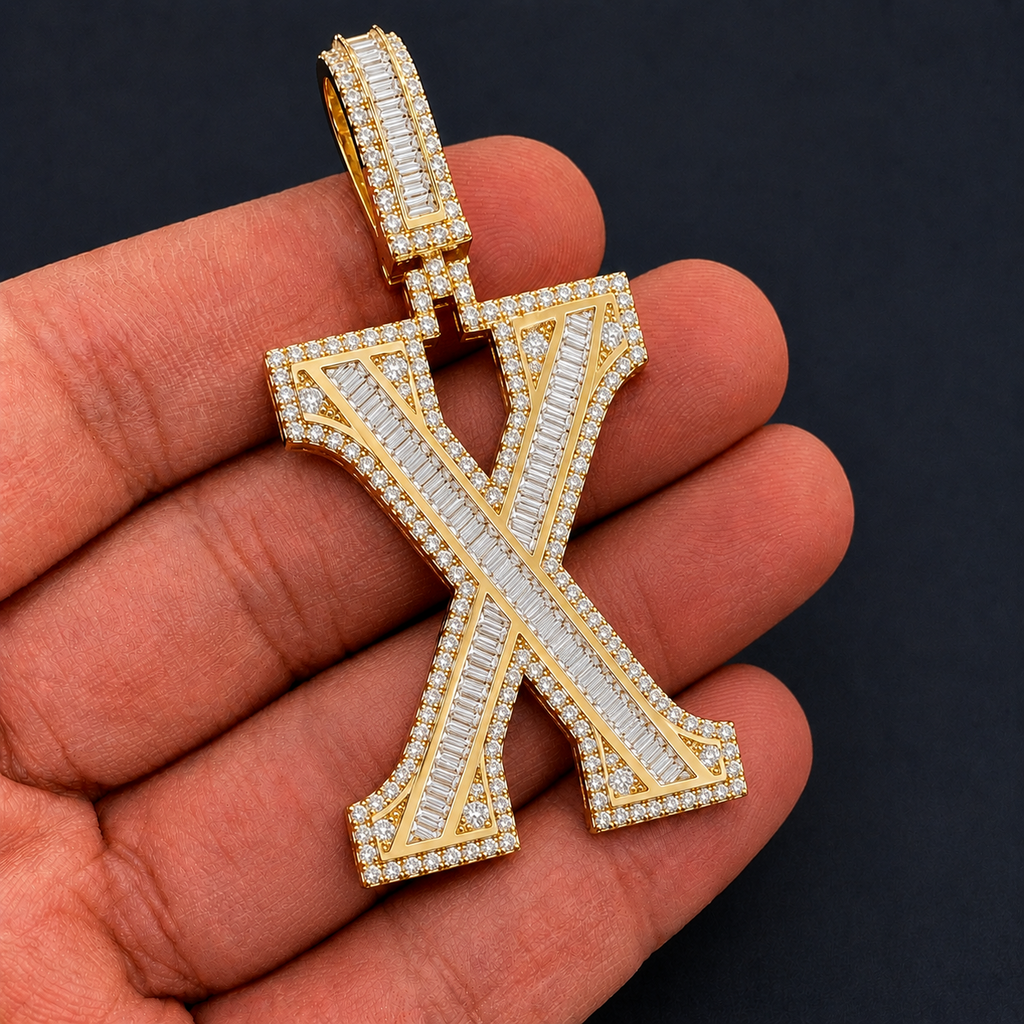 Iced Out “X” Letter Pendant Gold Finish with Baguette & Round Cut Stones