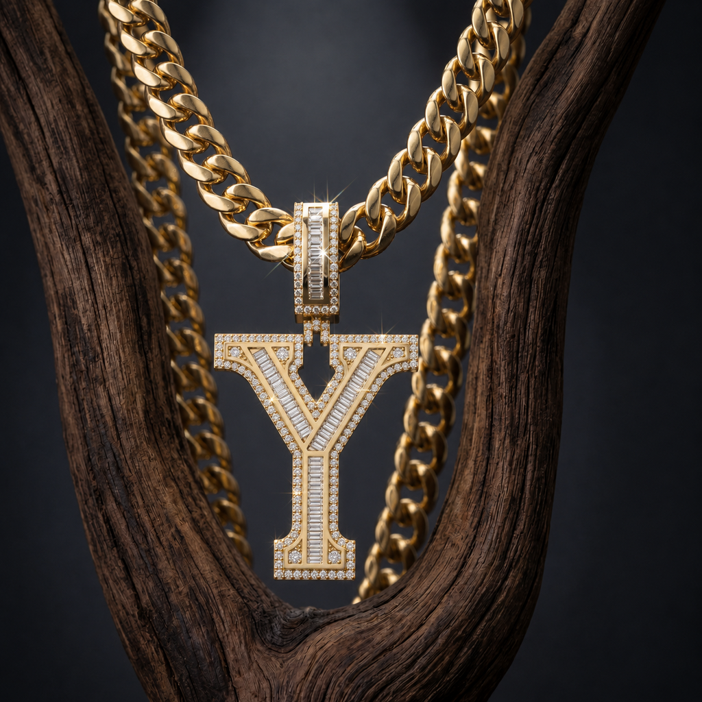 Iced Out “Y” Letter Pendant Gold Finish with Baguette & Round Cut Stones