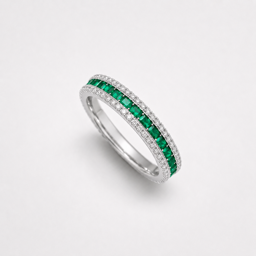 Green Emerald Style Baguette Ring Silver