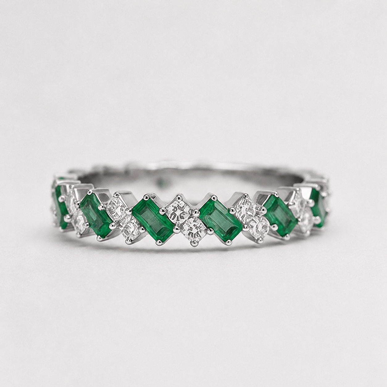 Emerald Green Baguette & Round Iced Band Rin