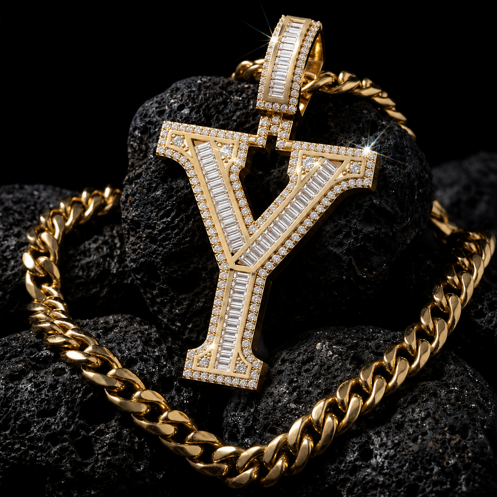 Iced Out “Y” Letter Pendant Gold Finish with Baguette & Round Cut Stones