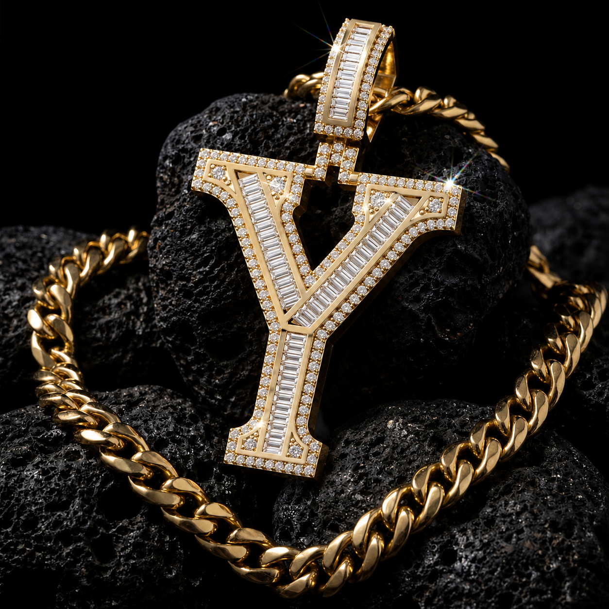 Iced Out “Y” Letter Pendant Gold Finish with Baguette & Round Cut Stones