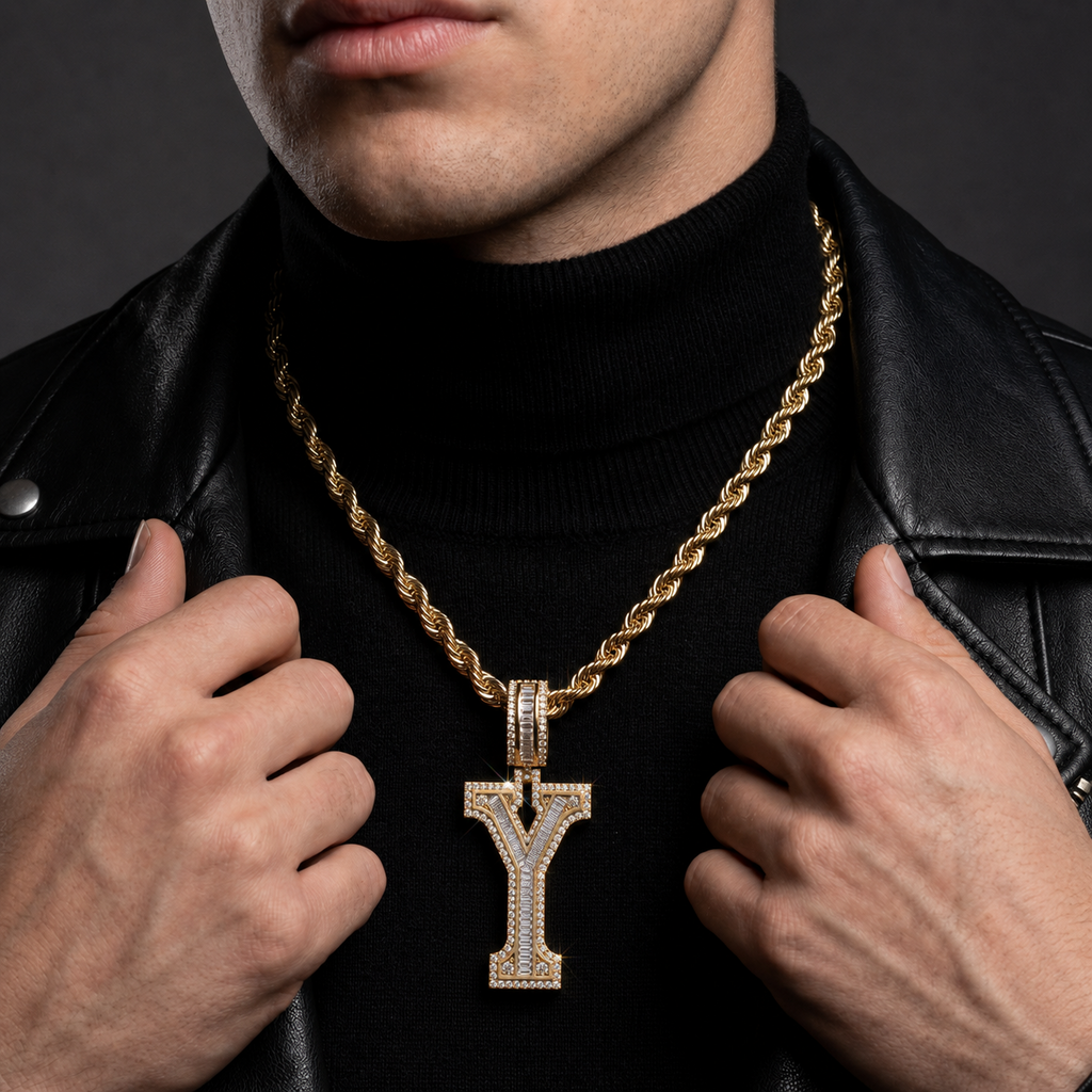 Iced Out “Y” Letter Pendant Gold Finish with Baguette & Round Cut Stones
