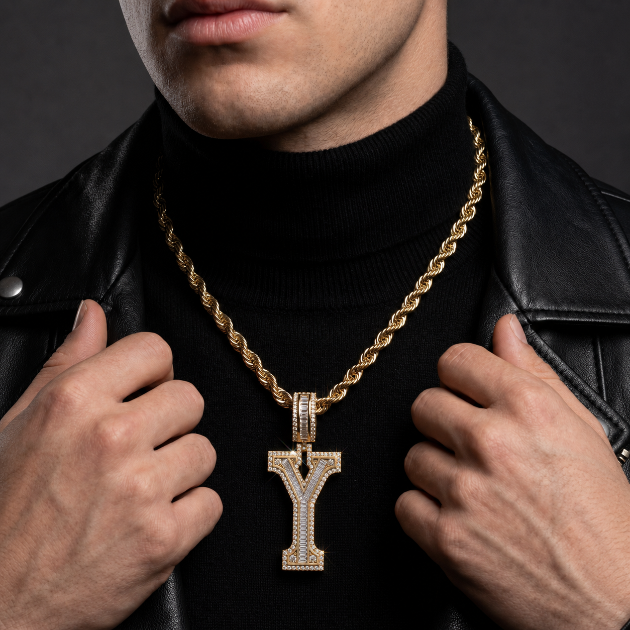 Iced Out “Y” Letter Pendant Gold Finish with Baguette & Round Cut Stones