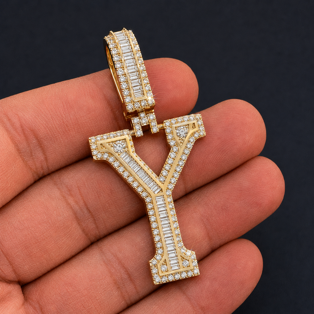 Iced Out “Y” Letter Pendant Gold Finish with Baguette & Round Cut Stones