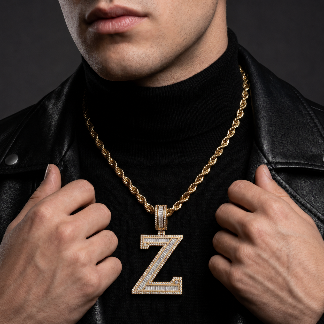 Iced Out “Z” Letter Pendant Gold Finish with Baguette & Round Cut Stones